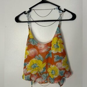 Cafe 7 Orange Floral Crop Top sleeveless with Gems Chains Sheer Size Medium